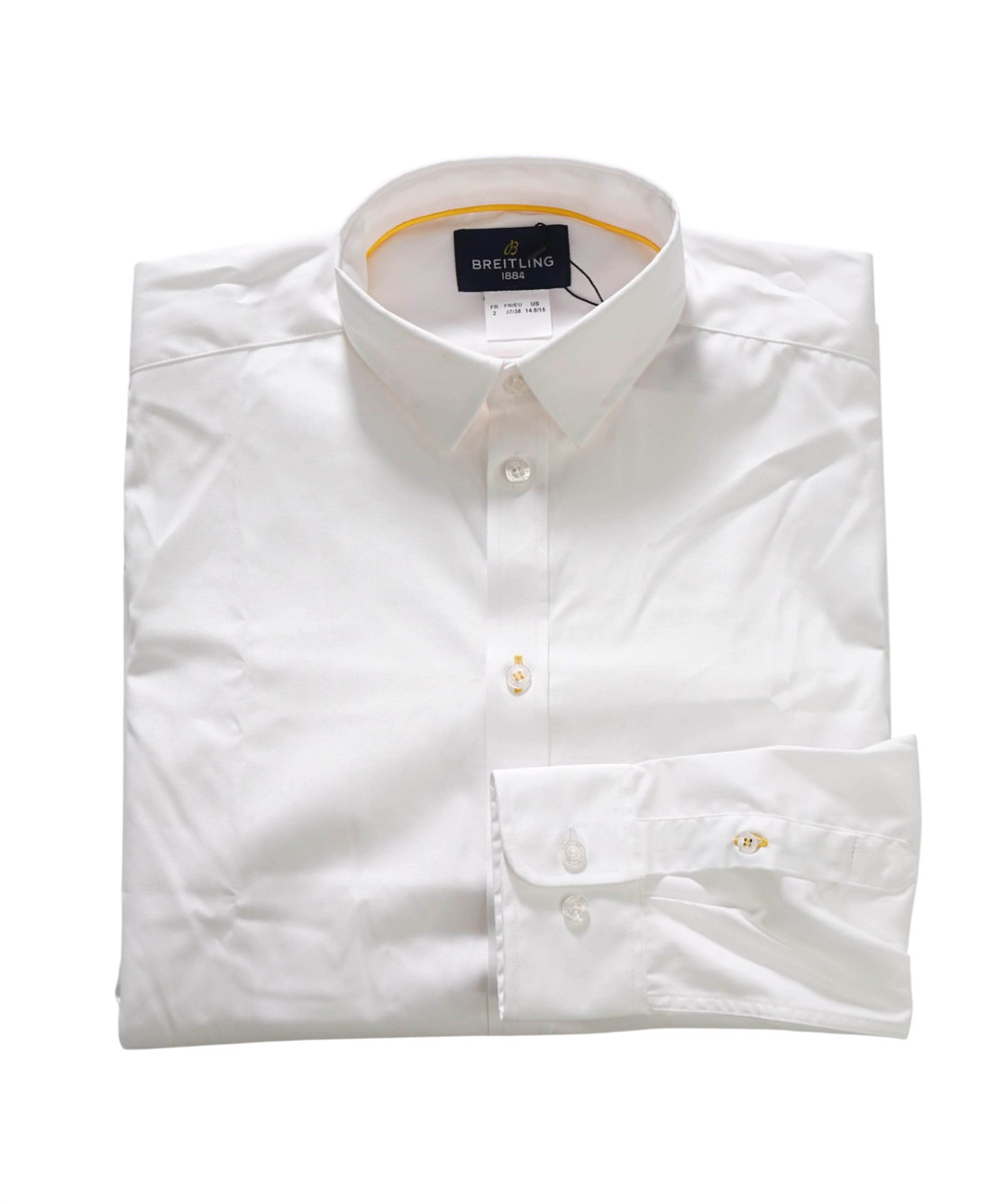 $325 BREITLING - Solid White Polyester/Cotton Dress Shirt - 14.5/15